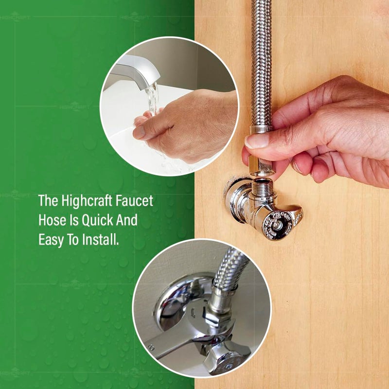 Highcraft CNCT27116-OM-2 Braided Faucet Connector 16" Long, 1/2" IPS Brass Nut X 3/8 Female Fitting, Stainless Steel Lead-Free, 2 Pack - Image 5